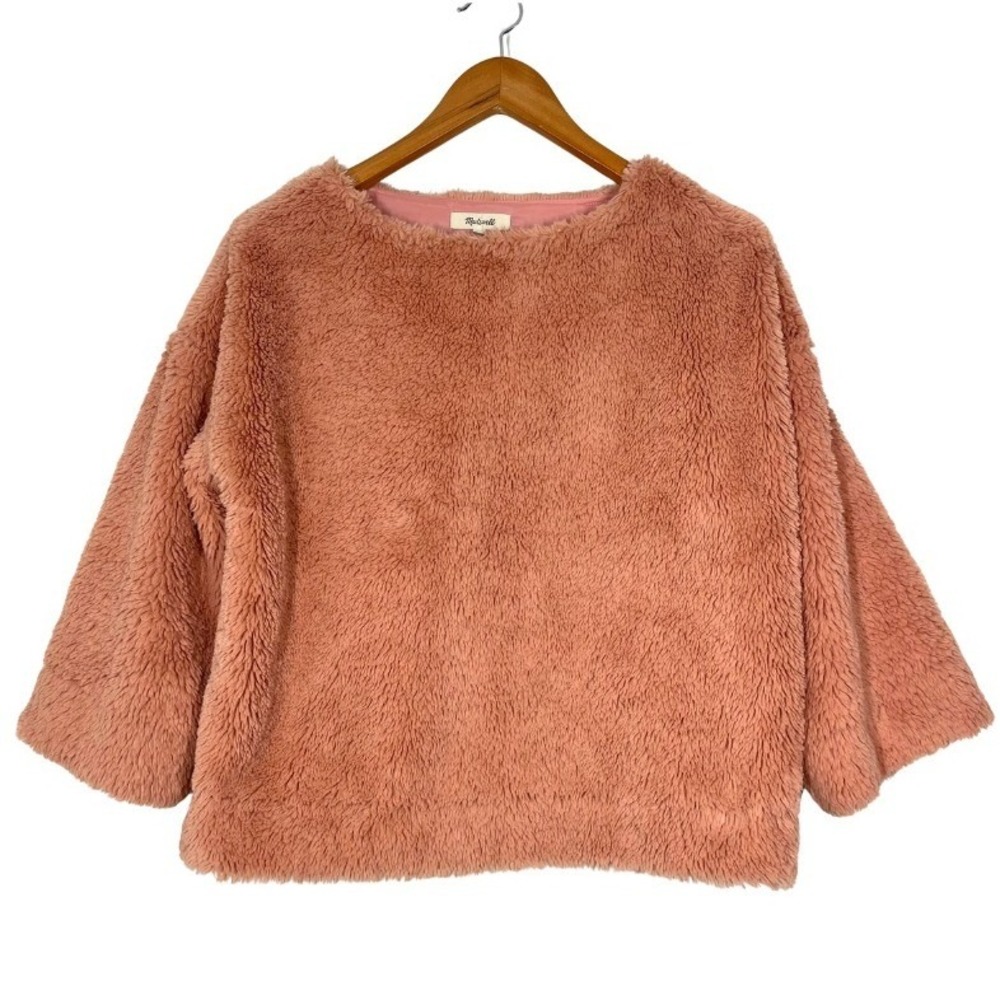 Madewell Sherpa Fleece Pullover Top Pink Boxy Wide 3/4 Sleeve XS Oversized